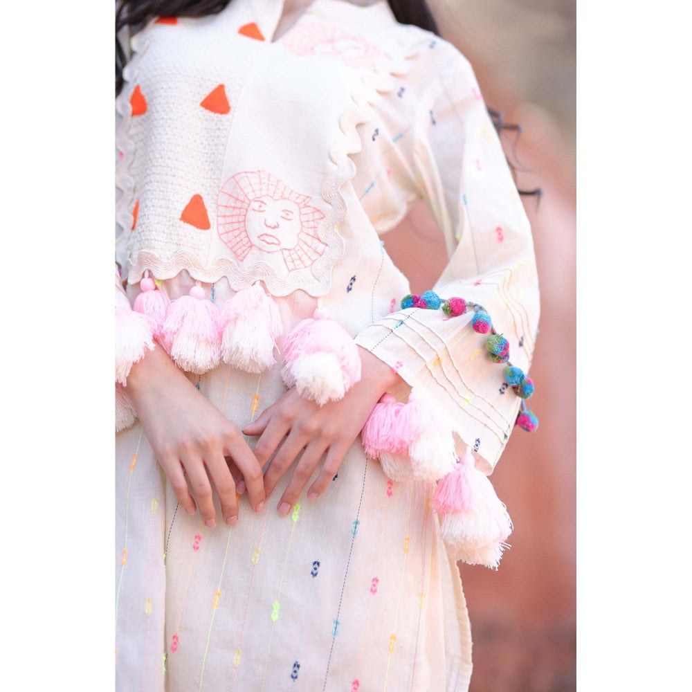 Mani Dua Khanna Ivory Handcrafted Tassel Kurta with Pant (Set of 2)