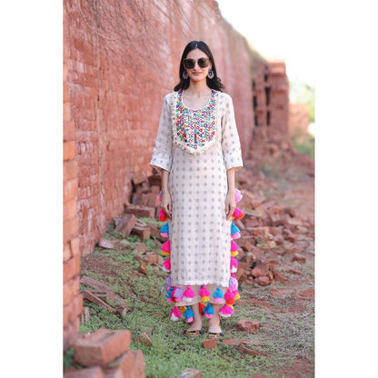 Mani Dua Khanna Ivory Mirror Work Tassels Kurta with Pant (Set of 2)