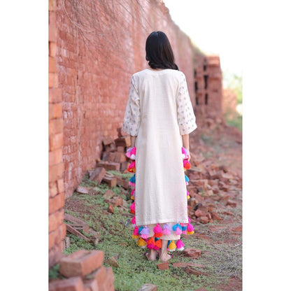 Mani Dua Khanna Ivory Mirror Work Tassels Kurta with Pant (Set of 2)