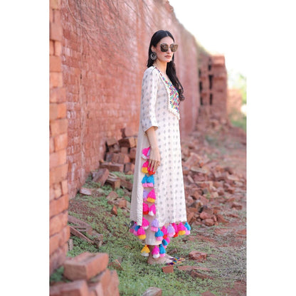 Mani Dua Khanna Ivory Mirror Work Tassels Kurta with Pant (Set of 2)