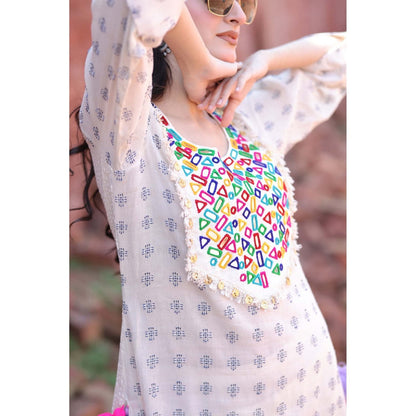 Mani Dua Khanna Ivory Mirror Work Tassels Kurta with Pant (Set of 2)