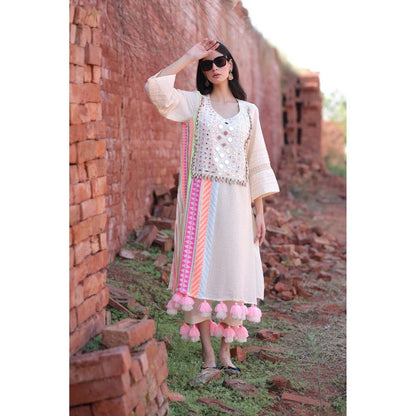 Mani Dua Khanna Ivory Mirror Work Tassels Kurta with Pant (Set of 2)