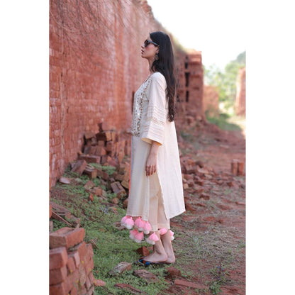 Mani Dua Khanna Ivory Mirror Work Tassels Kurta with Pant (Set of 2)