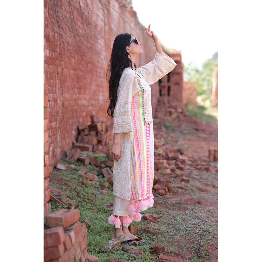 Mani Dua Khanna Ivory Mirror Work Tassels Kurta with Pant (Set of 2)