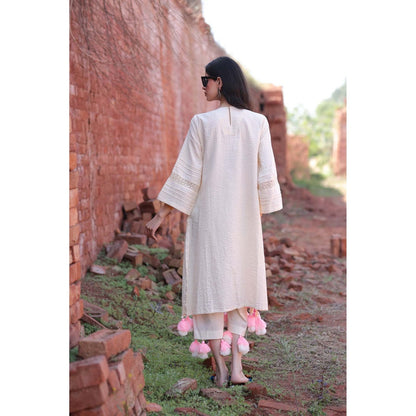 Mani Dua Khanna Ivory Mirror Work Tassels Kurta with Pant (Set of 2)