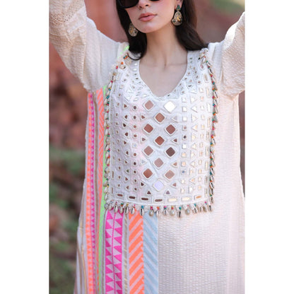 Mani Dua Khanna Ivory Mirror Work Tassels Kurta with Pant (Set of 2)