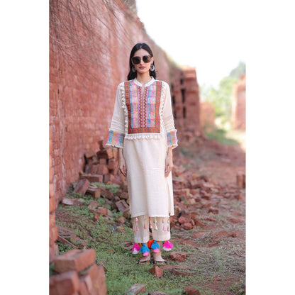 Mani Dua Khanna Ivory Colourful Embroidery Kurta with Pant (Set of 2)
