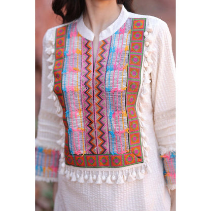 Mani Dua Khanna Ivory Colourful Embroidery Kurta with Pant (Set of 2)