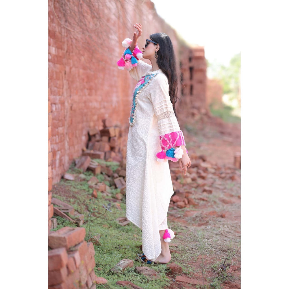 Mani Dua Khanna Ivory Patchwork Yoke High-Low Kurta with Pant (Set of 2)