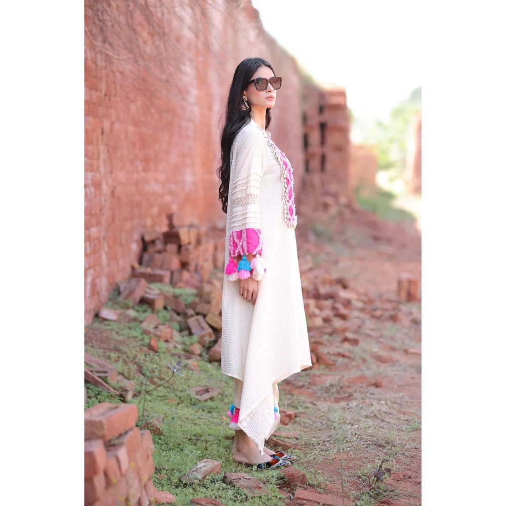 Mani Dua Khanna Ivory Patchwork Yoke High-Low Kurta with Pant (Set of 2)