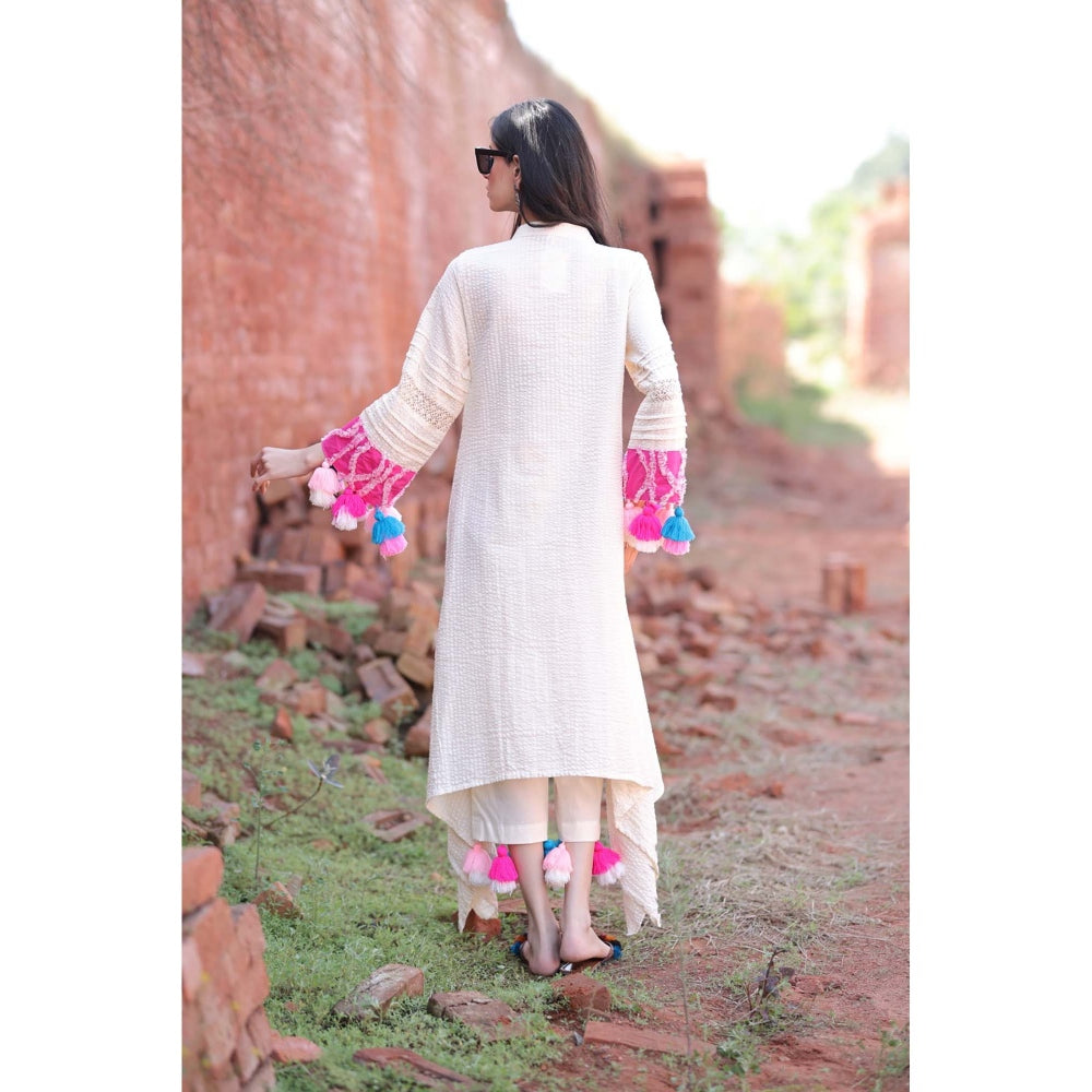 Mani Dua Khanna Ivory Patchwork Yoke High-Low Kurta with Pant (Set of 2)