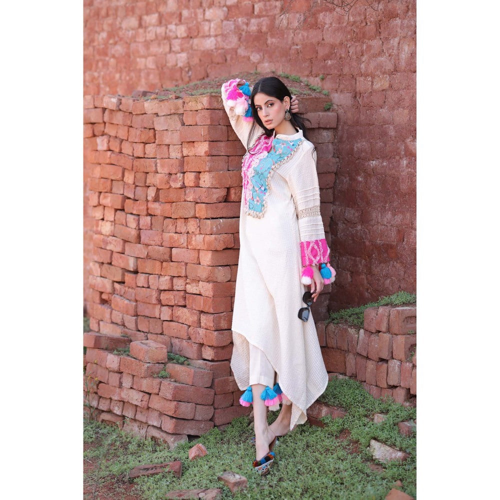 Mani Dua Khanna Ivory Patchwork Yoke High-Low Kurta with Pant (Set of 2)