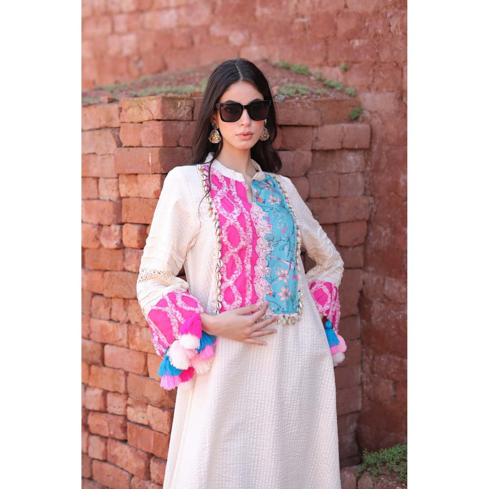 Mani Dua Khanna Ivory Patchwork Yoke High-Low Kurta with Pant (Set of 2)