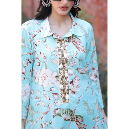Mani Dua Khanna Aqua Bird Print Kurta with Pant (Set of 2)