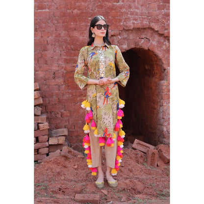 Mani Dua Khanna Olive Tropical Parrot Tassel Kurta with Pant (Set of 2)