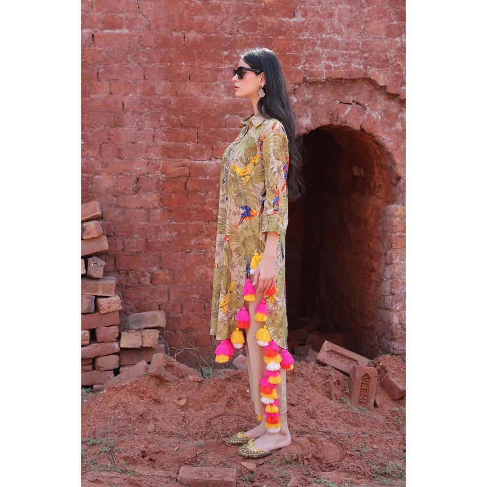 Mani Dua Khanna Olive Tropical Parrot Tassel Kurta with Pant (Set of 2)