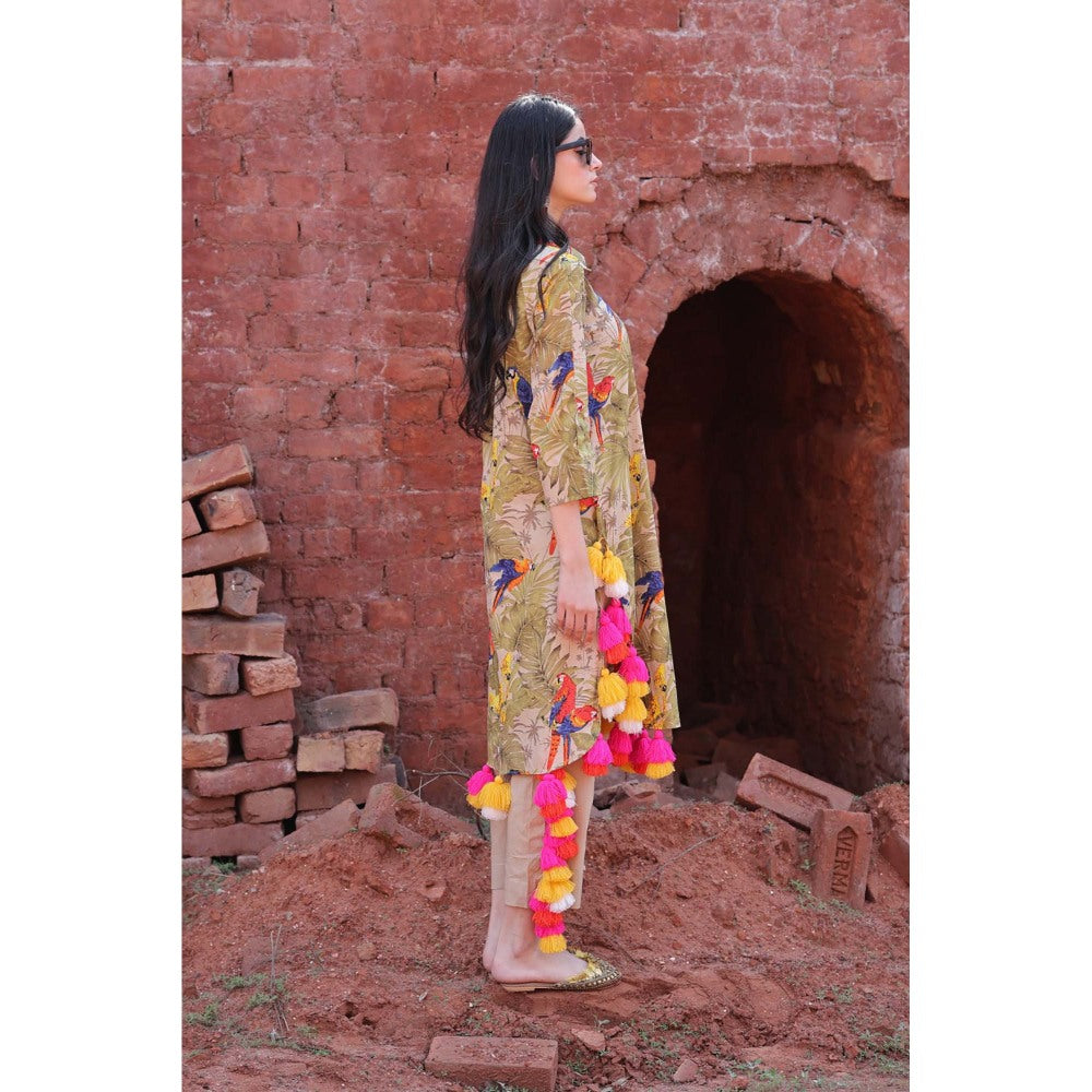 Mani Dua Khanna Olive Tropical Parrot Tassel Kurta with Pant (Set of 2)
