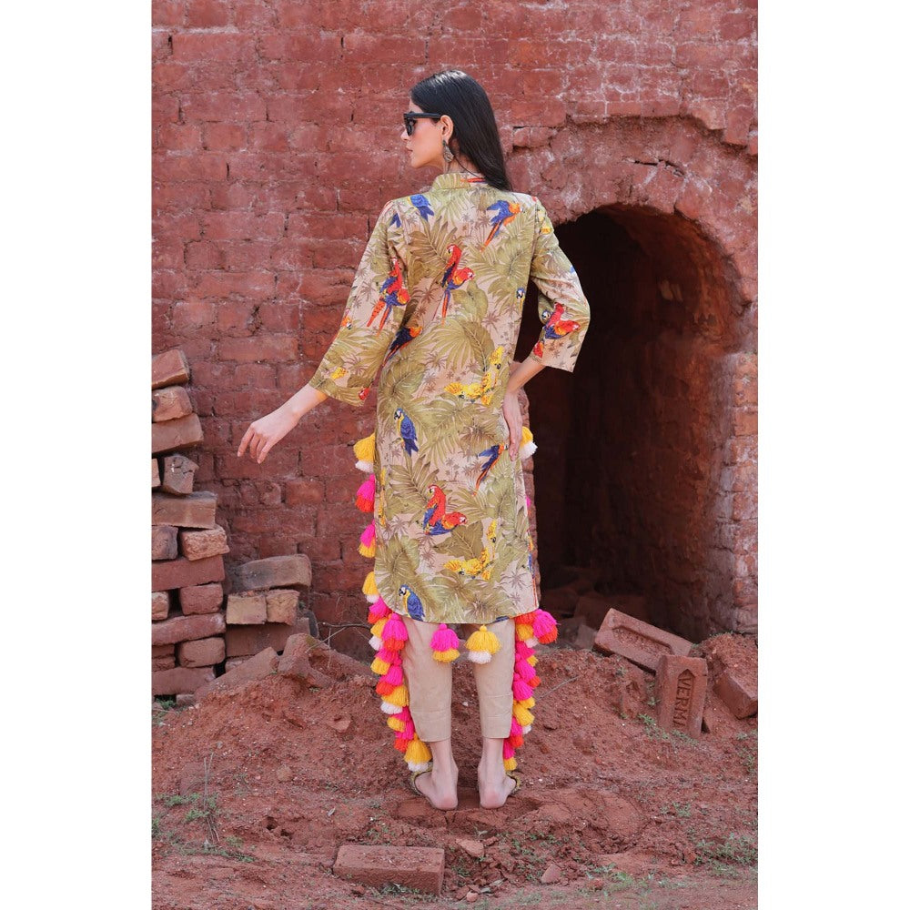 Mani Dua Khanna Olive Tropical Parrot Tassel Kurta with Pant (Set of 2)