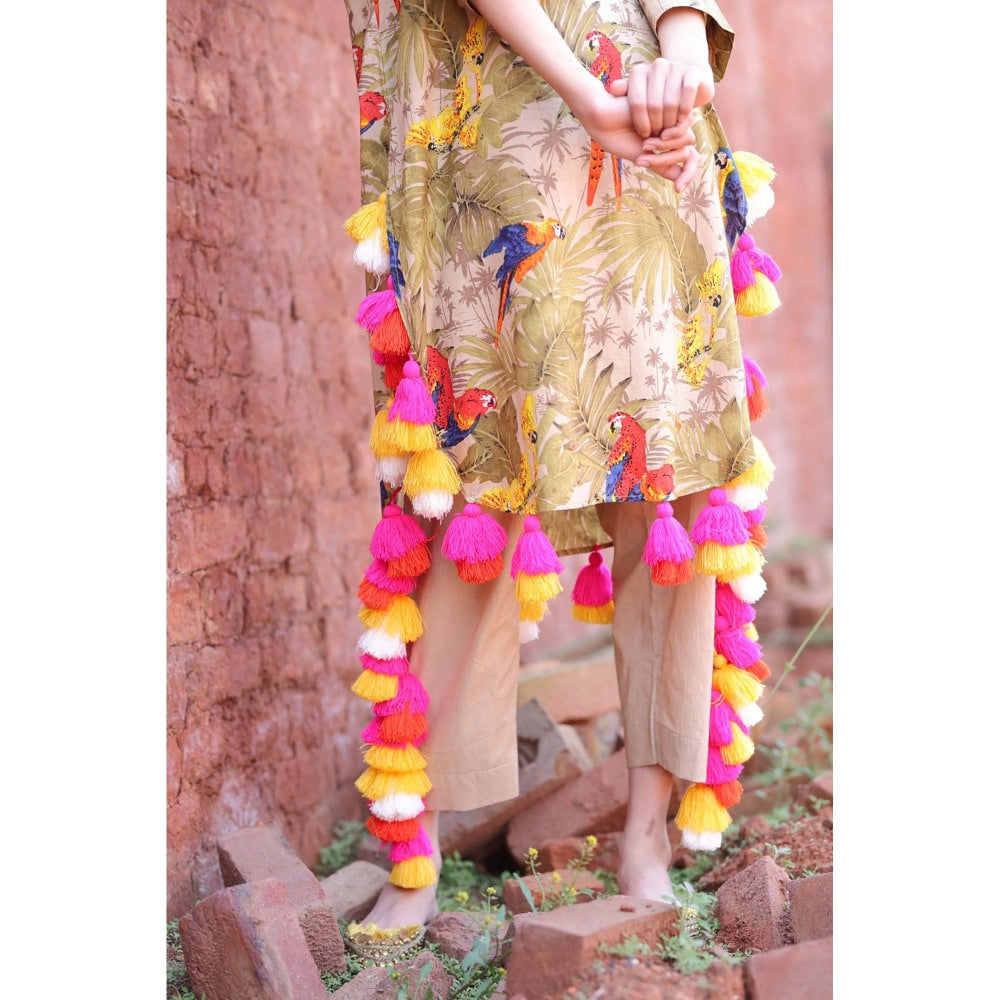 Mani Dua Khanna Olive Tropical Parrot Tassel Kurta with Pant (Set of 2)