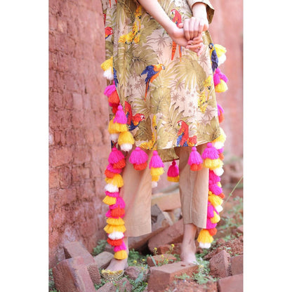 Mani Dua Khanna Olive Tropical Parrot Tassel Kurta with Pant (Set of 2)