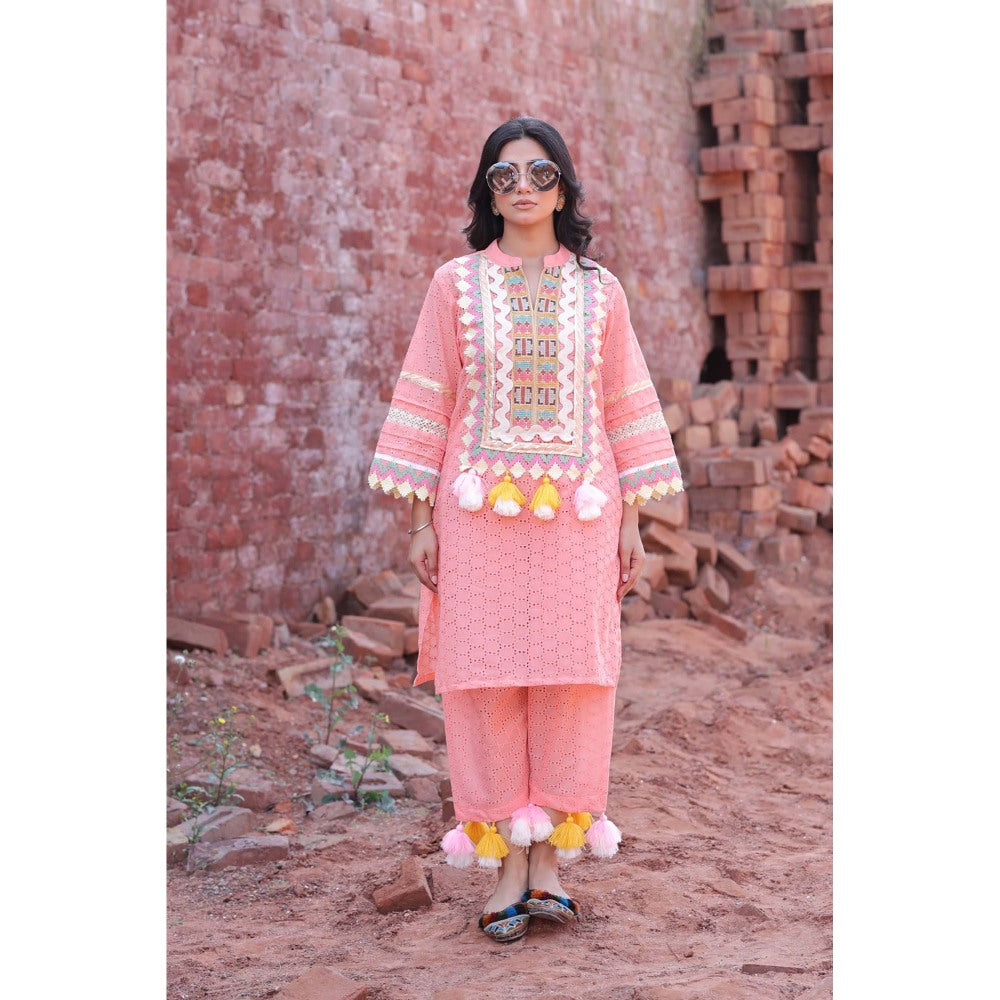 Mani Dua Khanna Peach Chikankari Mirror Kurta with Pant (Set of 2)