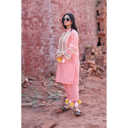 Mani Dua Khanna Peach Chikankari Mirror Kurta with Pant (Set of 2)