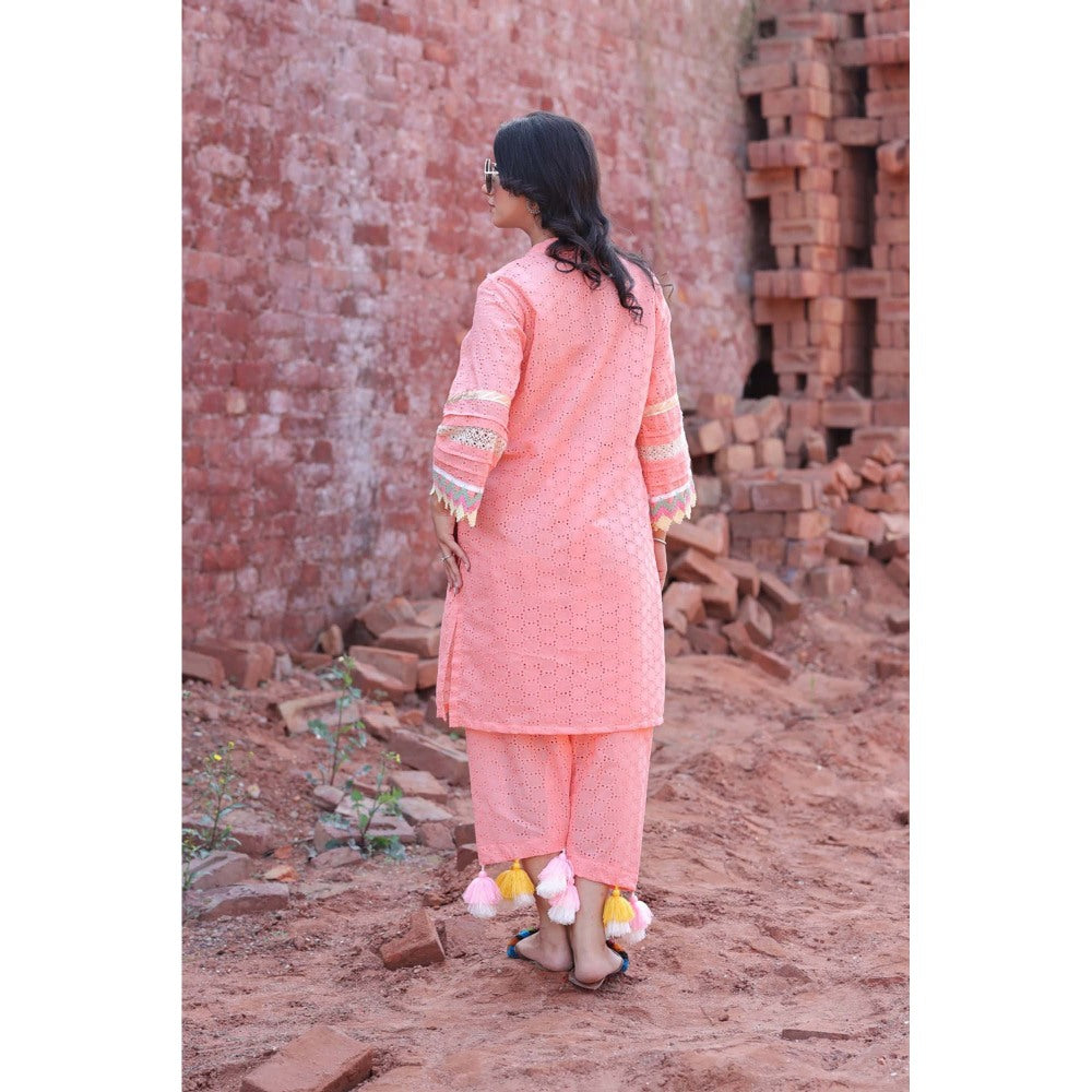 Mani Dua Khanna Peach Chikankari Mirror Kurta with Pant (Set of 2)