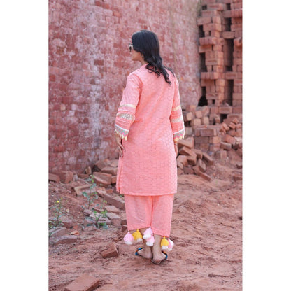 Mani Dua Khanna Peach Chikankari Mirror Kurta with Pant (Set of 2)