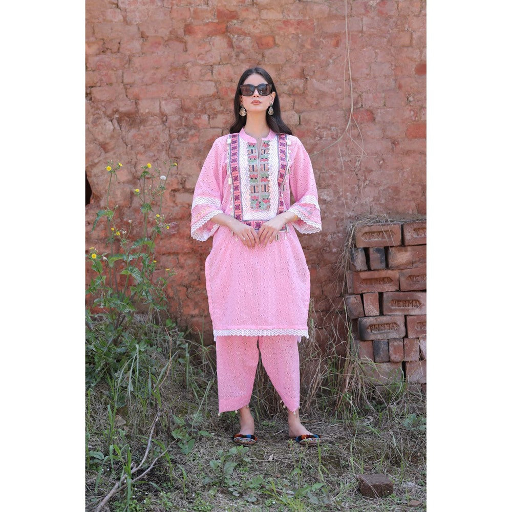 Mani Dua Khanna Pink Chikankari Embroidered Kurta with Pant (Set of 2)