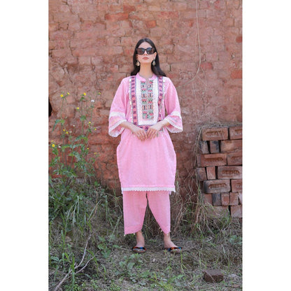 Mani Dua Khanna Pink Chikankari Embroidered Kurta with Pant (Set of 2)