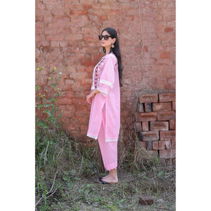 Mani Dua Khanna Pink Chikankari Embroidered Kurta with Pant (Set of 2)