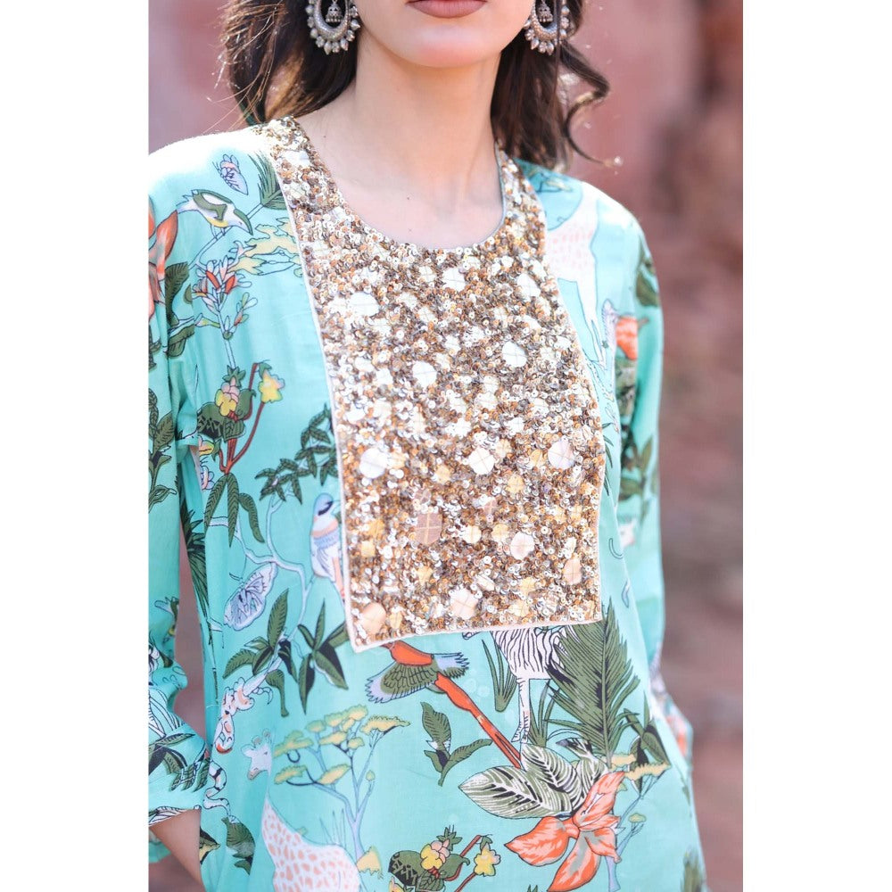 Mani Dua Khanna Green Tropical Tassel Dream Kurta with Pant (Set of 2)