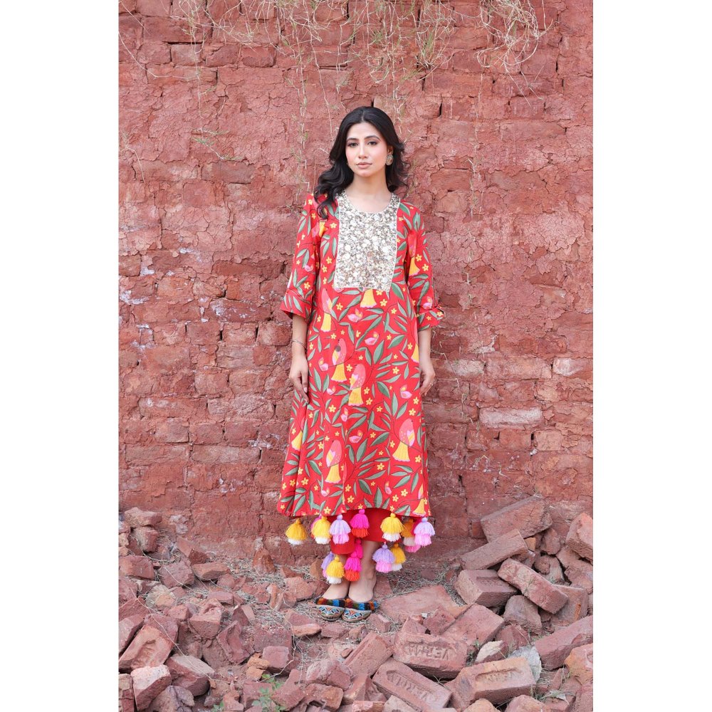 Mani Dua Khanna Red Tropical Parrot Print Kurta with Pant (Set of 2)