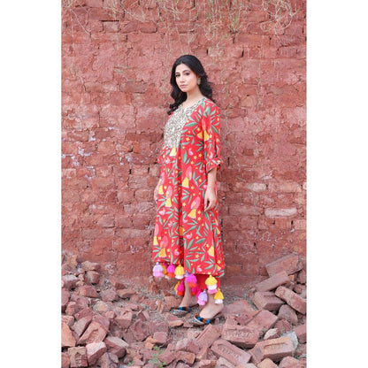 Mani Dua Khanna Red Tropical Parrot Print Kurta with Pant (Set of 2)