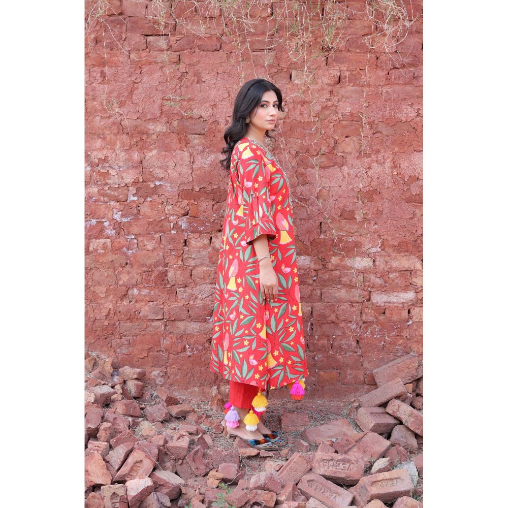 Mani Dua Khanna Red Tropical Parrot Print Kurta with Pant (Set of 2)