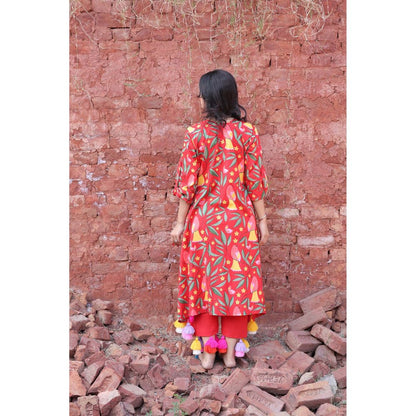 Mani Dua Khanna Red Tropical Parrot Print Kurta with Pant (Set of 2)