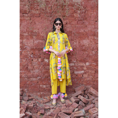 Mani Dua Khanna Sunshine Yellow Botanical Kurta with Pant (Set of 2)