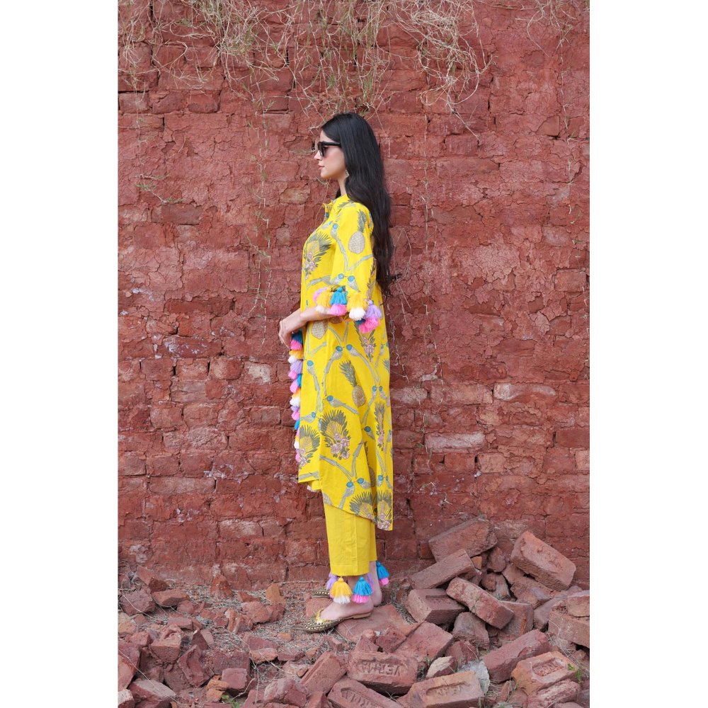 Mani Dua Khanna Sunshine Yellow Botanical Kurta with Pant (Set of 2)