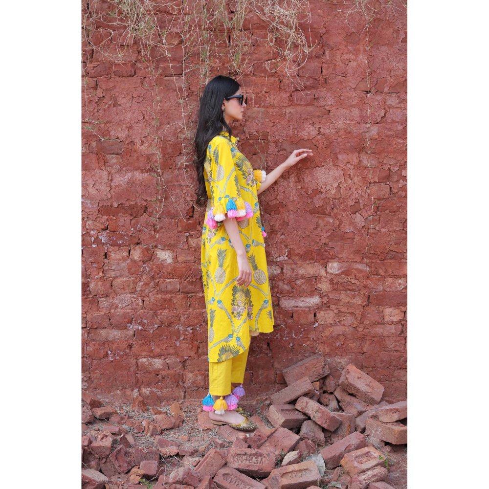 Mani Dua Khanna Sunshine Yellow Botanical Kurta with Pant (Set of 2)