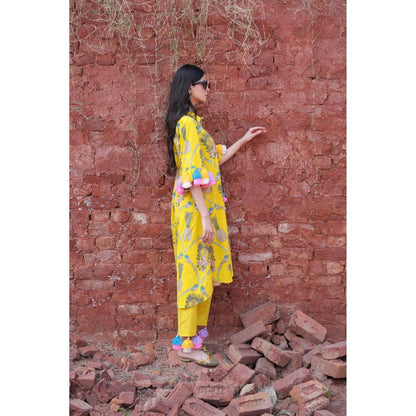 Mani Dua Khanna Sunshine Yellow Botanical Kurta with Pant (Set of 2)