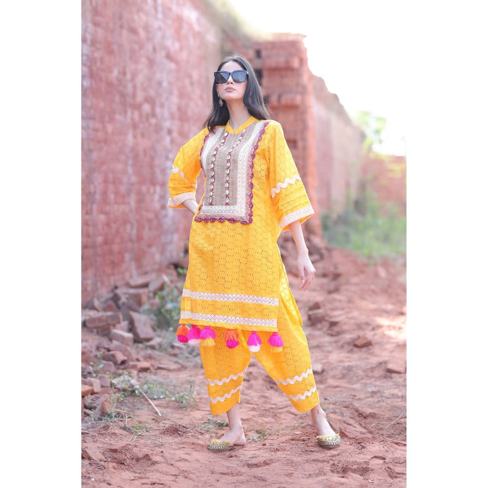 Mani Dua Khanna Mustard Chikankari Kurta with Pant (Set of 2)
