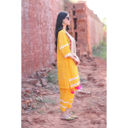 Mani Dua Khanna Mustard Chikankari Kurta with Pant (Set of 2)