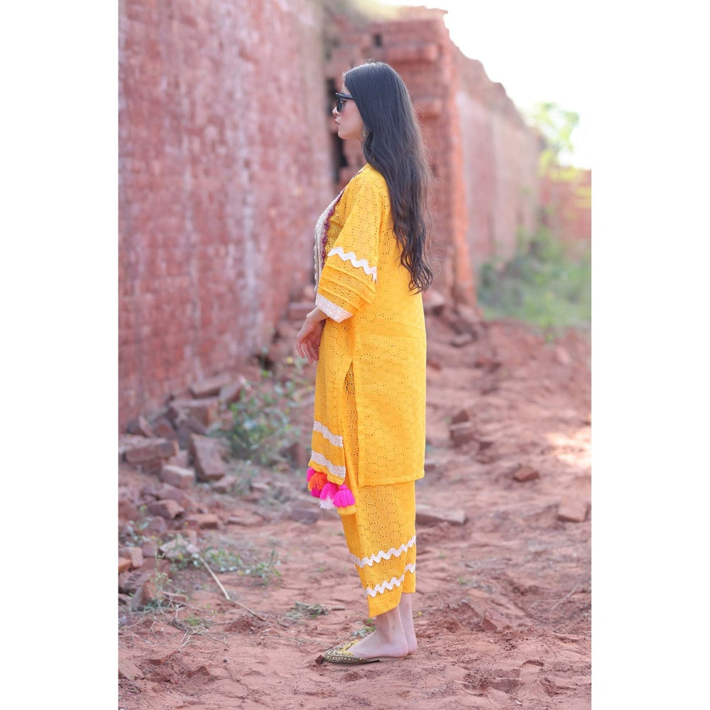 Mani Dua Khanna Mustard Chikankari Kurta with Pant (Set of 2)