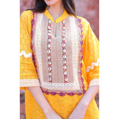 Mani Dua Khanna Mustard Chikankari Kurta with Pant (Set of 2)