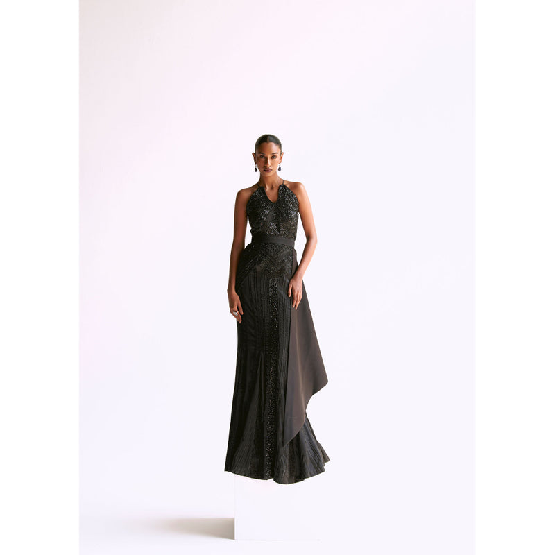Manika Nanda Black Embellished Trumpet Gown With Detachable Belt (Set of 2)