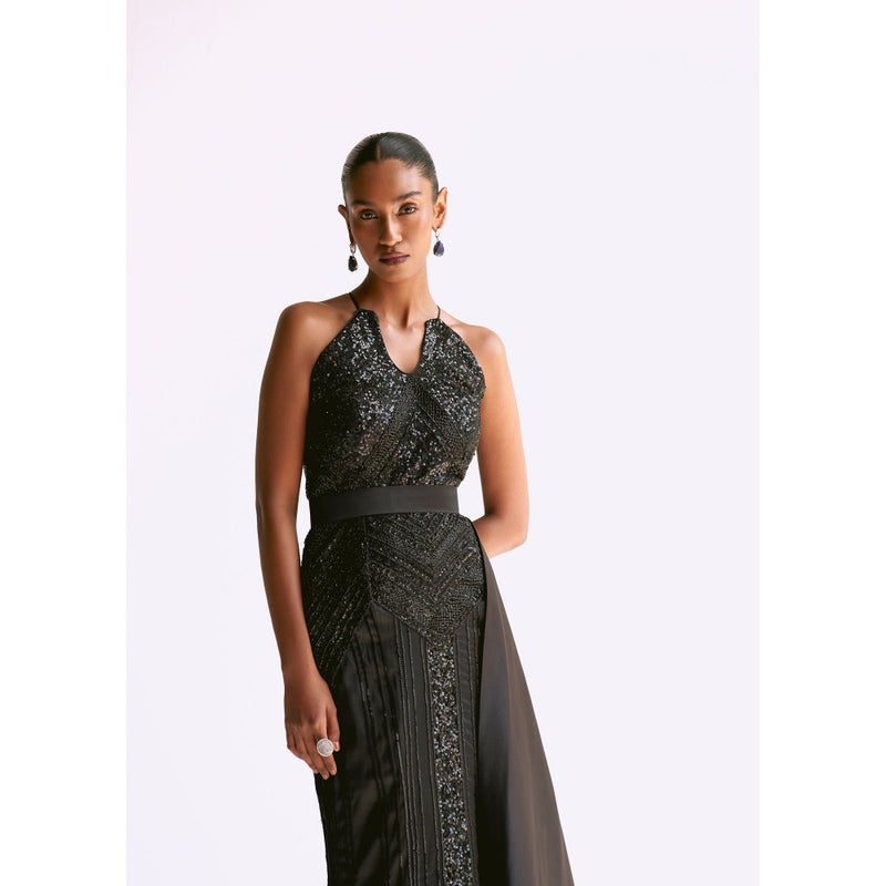 Manika Nanda Black Embellished Trumpet Gown With Detachable Belt (Set of 2)