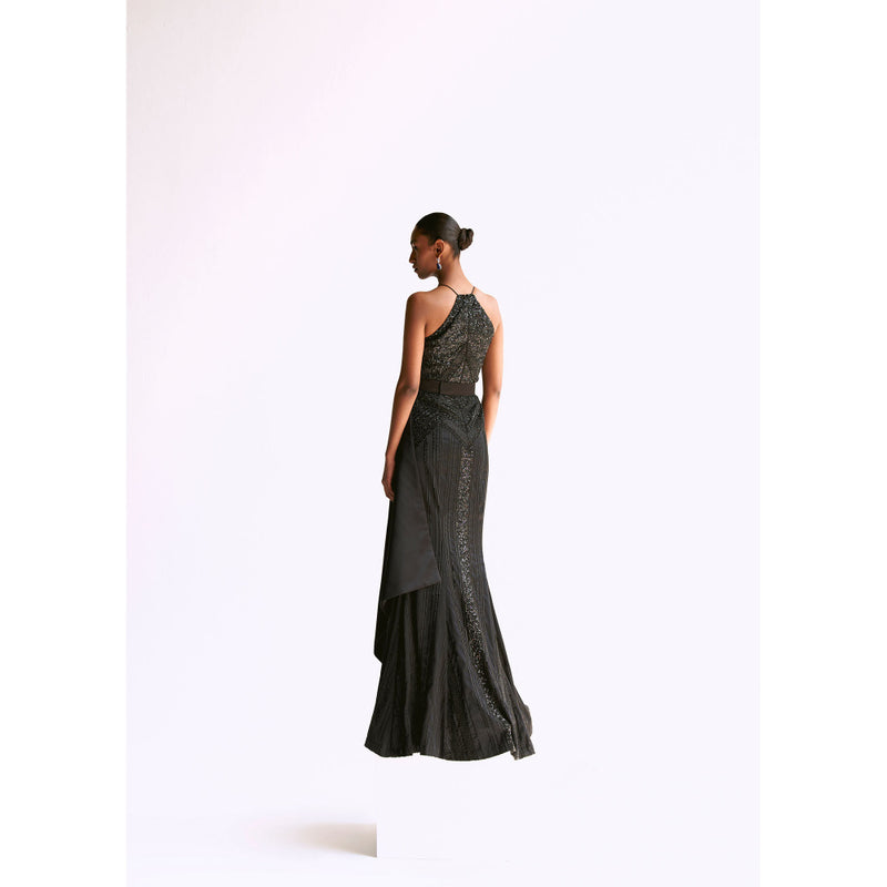 Manika Nanda Black Embellished Trumpet Gown With Detachable Belt (Set of 2)