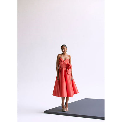 Manika Nanda Peach Classic Midi Dress With Bow Belt (Set of 2)
