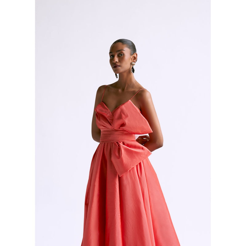 Manika Nanda Peach Classic Midi Dress With Bow Belt (Set of 2)
