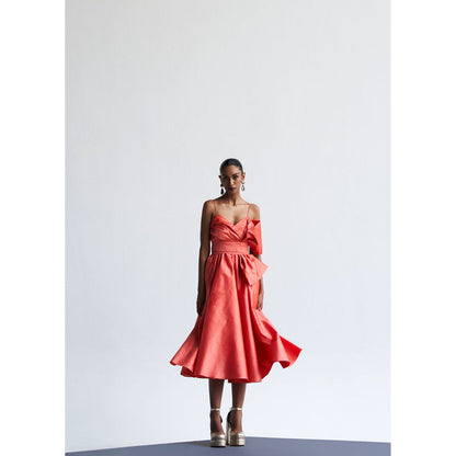 Manika Nanda Peach Classic Midi Dress With Bow Belt (Set of 2)